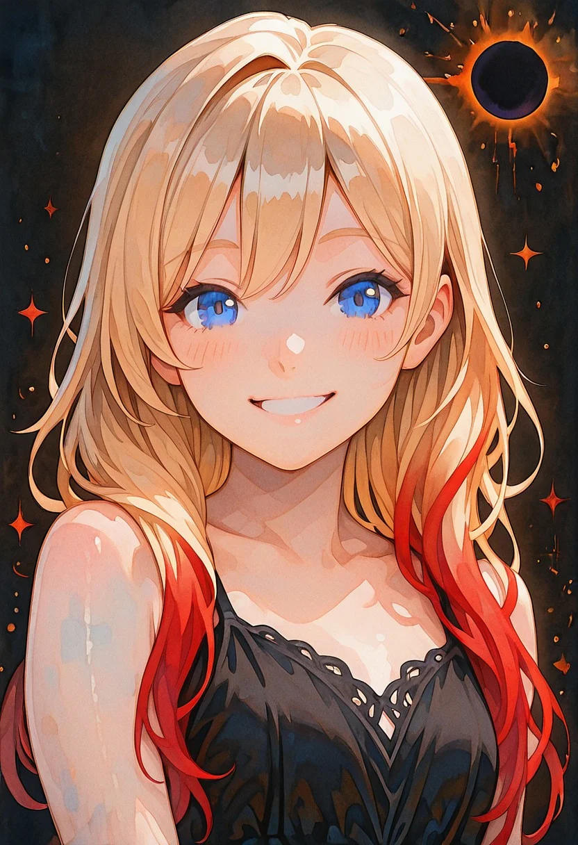 lazypos, PixelWater, 1girl, half body portrait, long blonde hair with red ends, rosy skin, blue eyes, smile, blushing, black sun dress, looking at viewer, colorful splash background,