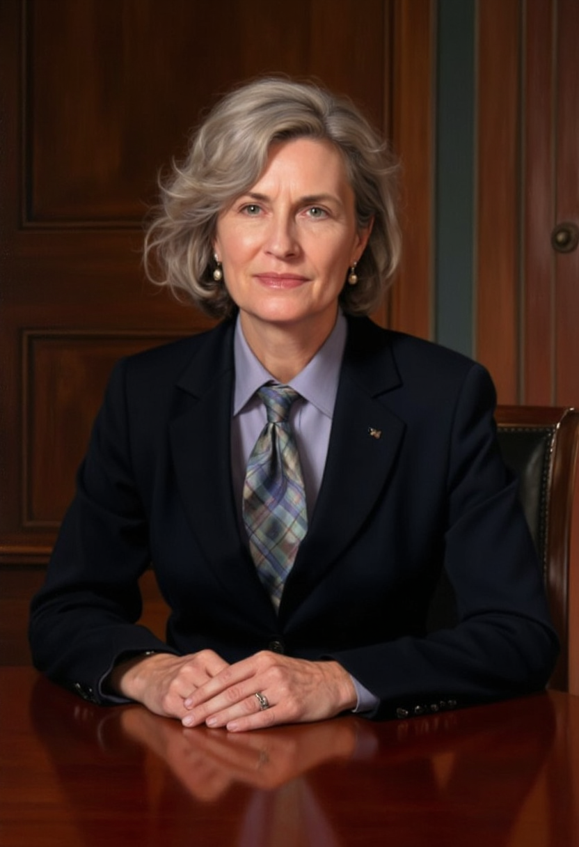 photorealistic portrait painting of a modern 50 y.o. business woman in an expensive suit and silk tie, neutral expression, detailed skin, detailed fabric on clothes, sitting at polished wood desk leaning back, soft light <lora:hyperrealism-000103:1>