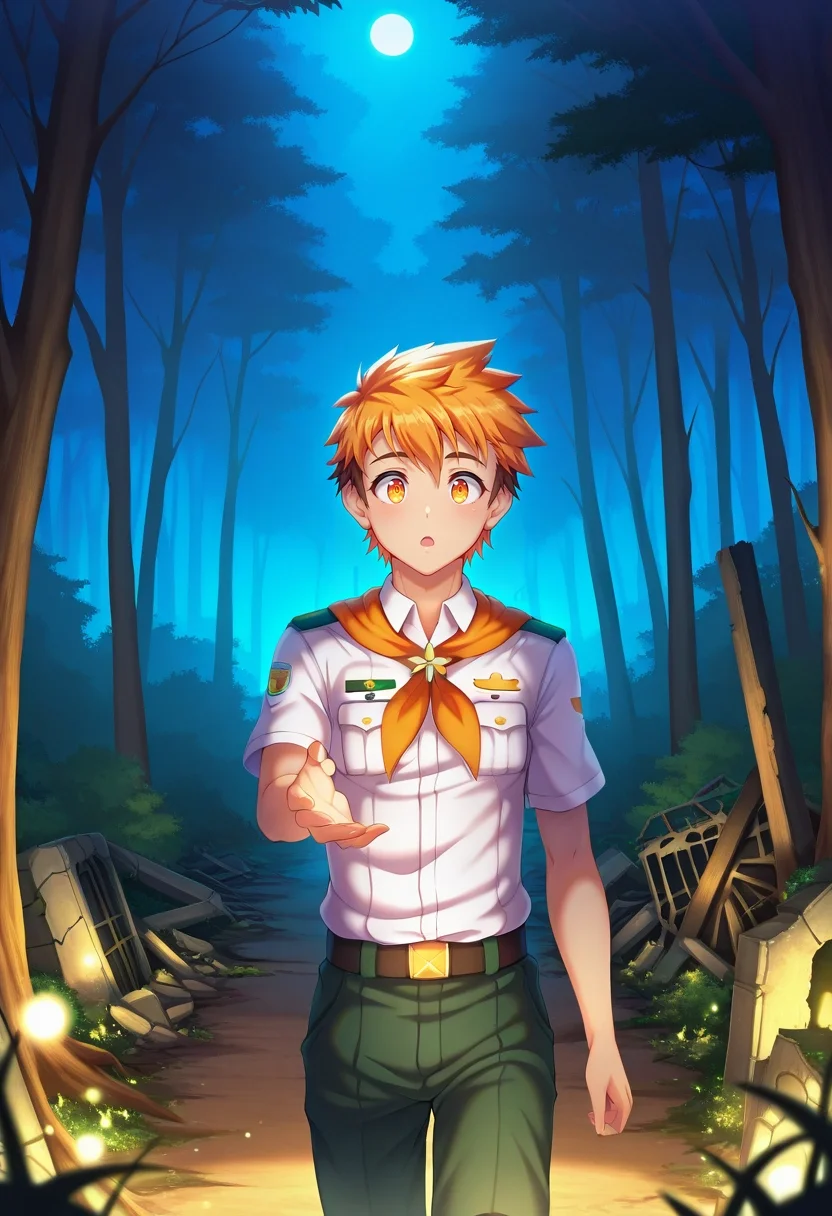 masterpiece, best quality, intricate details, semi-realistic, , , 1boy, solo, male focus, <lora:hiro_akiba_ilxl:0.98>, hiro_akiba, orange hair, orange eyes, short hair, uniform, forest, night, firefly, moonlight, tree, mist, ruins, walking, curious expression, reaching out,