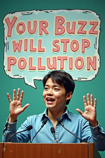 real photo, cinematic, bubble text that says "YOUR BUZZ WILL STOP POLLUTION", a young 30 years old promissing election candidate speaking on a podium with microphones