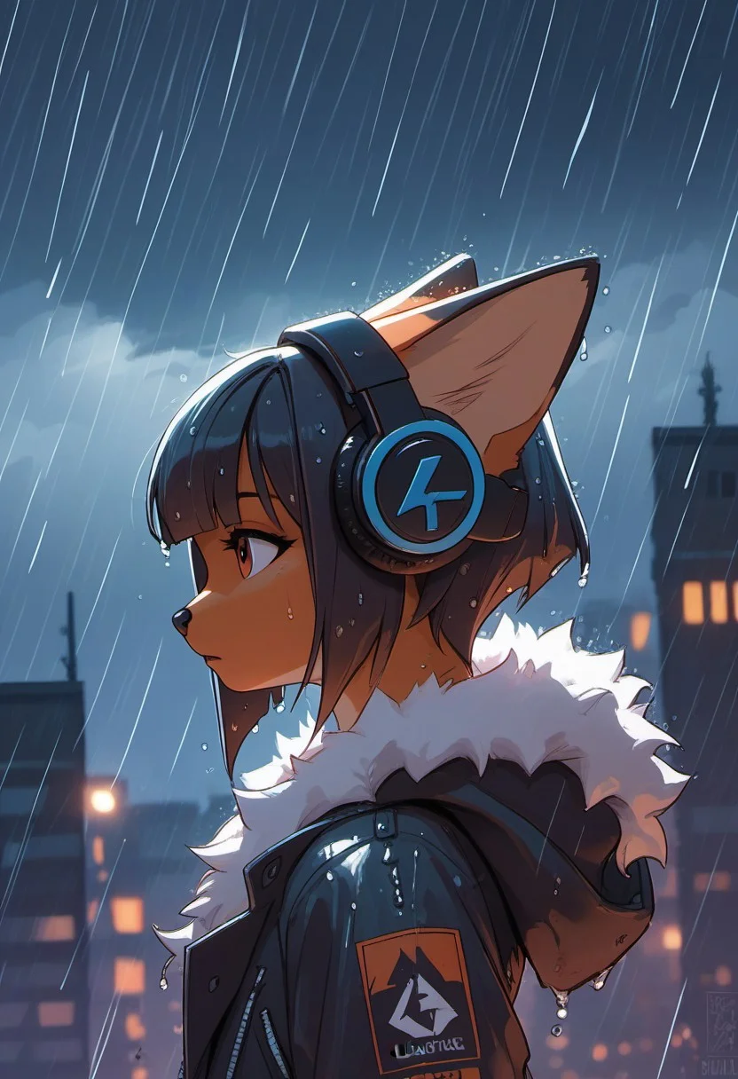 score_9, score_8_up, score_7_up, score_6_up,
1girl, solo,
furry, furry female, fox,
short hair, bangs,
upper body,
outdoors, sky, cloud, rain, night,
from side, lamppost,
profile, depth of field,
city lights background, backlight,
wet, headphones, hood down, cloudy sky, hooded jacket, fur-trimmed jacket, fur-trimmed hood, coat, fur trim, jacket, hood,