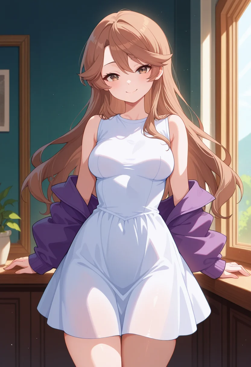 masterpiece, best quality, amazing quality, absurdres, 1girl, solo, cowboy shot, miwaww, brown eyes, brown hair, long hair, asymmetrical bangs, medium breasts, purple jacket, long sleeves, white sleeveless dress, bare shoulders, looking at viewer, smile, indoors, day, skindentation, detailed clothing folds, depth of field, sharp, high contrast, dynamic light <lora:Samezu_Miwa_Me_and_the_Alien_MuMu_ill:0.8>