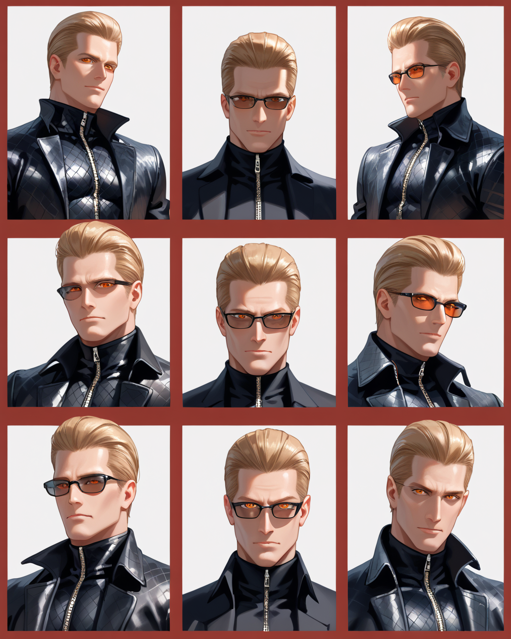 PonyScores7, source_anime, ah1, best quality, (masterpiece:1.4), (high quality:1.4), sharp focus, 4k, absurd resolution, <lora:albertwesker-guy-PONYv1:0.8> albertwesker, albert wesker, 1boy,  blonde, black gloves, (sunglasses:1.3), belt, black coat, black pants, looking at viewer, toned, athletic, fit, slicked back hair, black turtleneck, zipper, mature male, black boots, (merciless centurion, stern with a polished helmet and a short sword), (scenes of people giving and receiving acts of kindness), bad-hands-5, (Lips with a seductive smile), <lora:xl_more_art-full_v1:0.2>, <lora:shinyskin2:0.2> glistening skin, <lora:aesthetic_anime_v1s:0.2>, <lora:Expressive_H:0.2> Expressiveh, <lora:hairdetailpxl:0.2> hairdetailpxl, <lora:detailxl:0.2> detailxl, (portrait), (focused, intense glare), slit pupils, short hair, (reddish orange eyes), best quality, amazing quality, best aesthetic, absurdres, <lora:expressive eyes:0.2> expressive eyes, <lora:eyedetailpxl:0.2> eyedetailpxl, illustration, Volumetric_Lighting, ultra-detailed, very aesthetic, intricate details, 8k, masterpiece, best_quality, (angular face, sharp_featured face), <lora:Eyes_High_Definition:0.4> EyesHD,