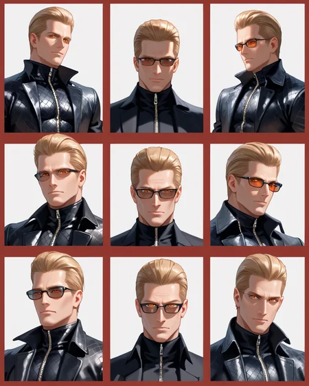 PonyScores7, source_anime, ah1, best quality, (masterpiece:1.4), (high quality:1.4), sharp focus, 4k, absurd resolution, <lora:albertwesker-guy-PONYv1:0.8> albertwesker, albert wesker, 1boy,  blonde, black gloves, (sunglasses:1.3), belt, black coat, black pants, looking at viewer, toned, athletic, fit, slicked back hair, black turtleneck, zipper, mature male, black boots, (merciless centurion, stern with a polished helmet and a short sword), (scenes of people giving and receiving acts of kindness), bad-hands-5, (Lips with a seductive smile), <lora:xl_more_art-full_v1:0.2>, <lora:shinyskin2:0.2> glistening skin, <lora:aesthetic_anime_v1s:0.2>, <lora:Expressive_H:0.2> Expressiveh, <lora:hairdetailpxl:0.2> hairdetailpxl, <lora:detailxl:0.2> detailxl, (portrait), (focused, intense glare), slit pupils, short hair, (reddish orange eyes), best quality, amazing quality, best aesthetic, absurdres, <lora:expressive eyes:0.2> expressive eyes, <lora:eyedetailpxl:0.2> eyedetailpxl, illustration, Volumetric_Lighting, ultra-detailed, very aesthetic, intricate details, 8k, masterpiece, best_quality, (angular face, sharp_featured face), <lora:Eyes_High_Definition:0.4> EyesHD,