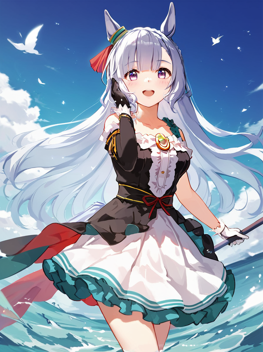 score_9, score_8_up, score_7_up, rating_safe, masterpiece, best quality, absurdres, source_anime,
mejiro ardan \(umamusume\), 1girl, horse ears, mismatched gloves, horse tail, smile, looking at viewer, standing, open mouth, ear ornament, black dress, green frilled white skirt, asymmetrical sleeves,black single sleeves, white groves, black groves, green see-through skirt ornament,
cowboy shot
<lora:pony_mejiro_ardan_ver1.012:1.0>