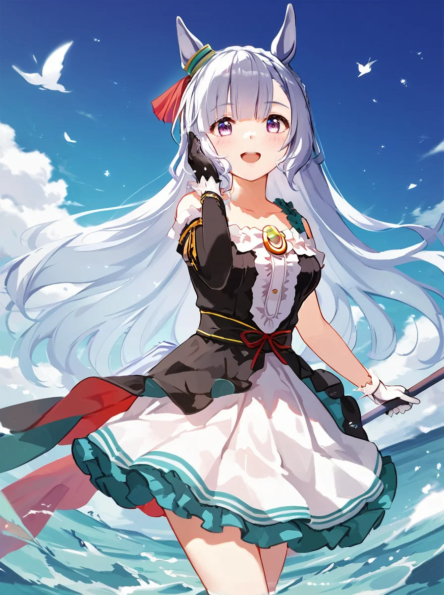 score_9, score_8_up, score_7_up, rating_safe, masterpiece, best quality, absurdres, source_anime,
mejiro ardan \(umamusume\), 1girl, horse ears, mismatched gloves, horse tail, smile, looking at viewer, standing, open mouth, ear ornament, black dress, green frilled white skirt, asymmetrical sleeves,black single sleeves, white groves, black groves, green see-through skirt ornament,
cowboy shot
<lora:pony_mejiro_ardan_ver1.012:1.0>