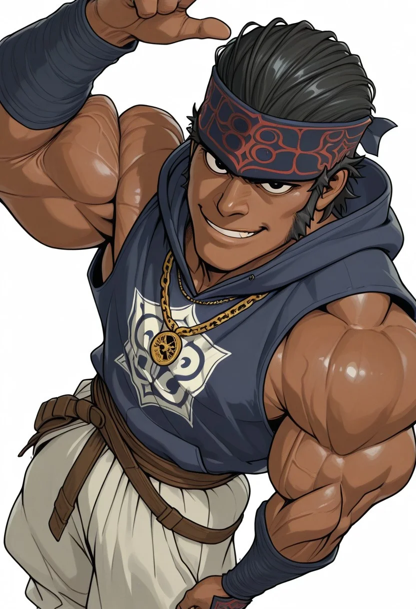 Kirawus, GKKirawus, black hair, black eyes, long sideburns, solo, male, black ainu headband, face focus, perfect face, IllustratedafricanmaleV1.5, dark-skinned male, african male, african, muscular, nice eyes, sleeveless hoodie, big biceps, looking at viewer, smirk, detailed eyes, nice eyes, gold chain necklace, pants, smiling, 2024, 2023, 2022, w0lfc0nf, masterpiece, best quality, amazing quality, harem pants, saggy pants, hip hop pants, muscular male, big muscles, (dynamic viewing angle, dynamic pose)