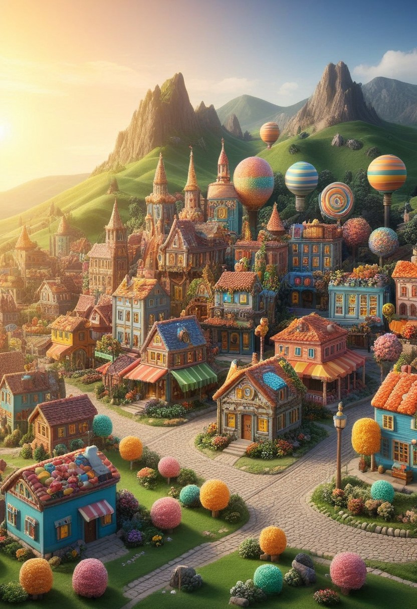 dawn, colorful tiny town, 
score_9, score_8_up, score_7_up, score_6_up, score_5_up, score_4_up, UHD, 8K, masterpiece, detailed, ultra_high_resolution, lots of detail, OverallDetailXL, detailxl, Sci-fi Environments, epiCPhotoGasm-colorfulPhoto. style-empire, colorful style, <lora:aidmaCandyWorldMorph-MoreRealistic-v0.1:2.8>, candy.