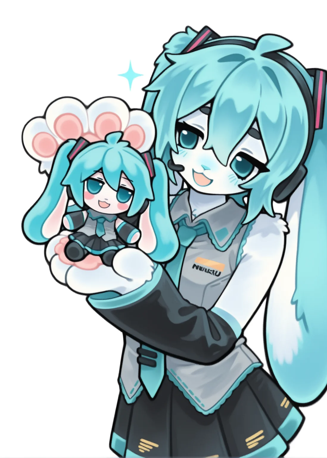 1girl, solo, hatsune miku,
aqua eyes, necktie, grey shirt, shirt, detached sleeves, aqua hair, black sleeves, skirt, headphones, headset, collared shirt, pleated skirt, thighhighs, hair between eyes,
animal hands, white fur, rabbit ears,
:3, rabbit girl, animal nose, body fur, white fur,
furry female, furry, furrification,
holding doll, fumo \(doll\), head tilt,
portrait, sparkle,
open mouth, smile, looking at another, white background,
safe, newset, omufujoshi, black outline, thick outlines,
masterpiece, best quality, amazing quality