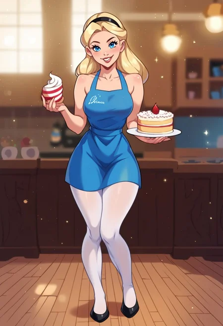 , anibody, FULL BODY, IN FRONT
,core_9, score_8_up, score_7_up, score_6_up, AliceWaifu in a magic murshroom world, magic particles, leaning forward, cute pose, medium breasts, narrow waist, wide hips, thick thighs, cinematic, naughty face, smile, blue eyes, blue dress, white pantyhose, apron, black hairband, blonde, disney style, looking at viewer, realistic, cute, holding a cake, detailed landscape, cowboy shot, <lora:AliceInWonderlandXLPony_character-10V2:0.7> <lora:KajinmanLycoXL:0.75>