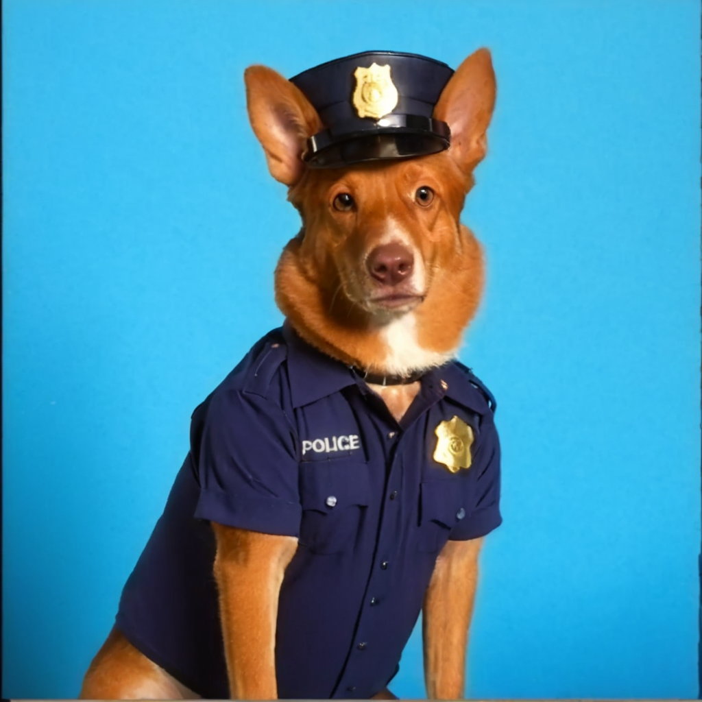 dog wearing police costume, vhslora