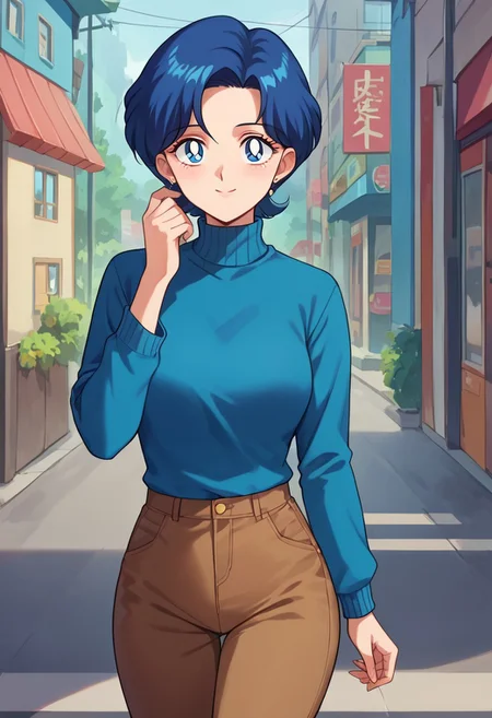 (masterpiece), best quality, a 30-year-old woman with (blue bob hair) and blue eyes, she wears a (cyan blue sweater) (long sleeves) and (brown pants), light smile, mature female, motherly, score_9, score_8_up, score_7_up, source_anime, score_9, score_8_up, score_7_up, sm90s
