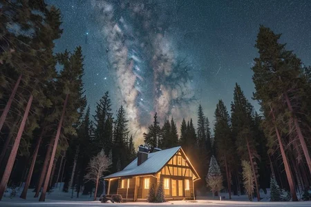 a safe cabin in the woods in the evening with warm light coming from the windows and stars in the sky , <hypernet:longexposure:1>
