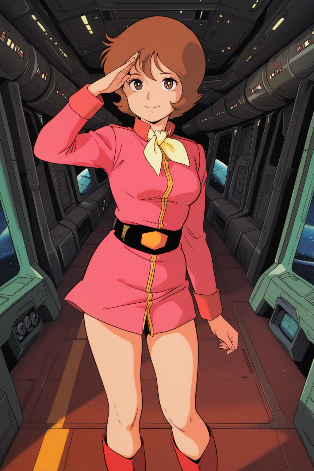 masterpiece, best quality, amazing quality, absurdres, frawbow79, brown hair, solo, smile, salute, looking at viewer, standing, pink military uniform, yellow ascot, bare legs, red boots, medium breasts, indoors, spacecraft, science fiction, retro artstyle