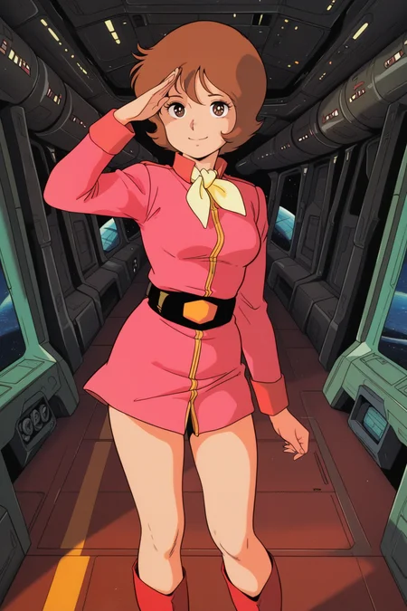 masterpiece, best quality, amazing quality, absurdres, frawbow79, brown hair, solo, smile, salute, looking at viewer, standing, pink military uniform, yellow ascot, bare legs, red boots, medium breasts, indoors, spacecraft, science fiction, retro artstyle