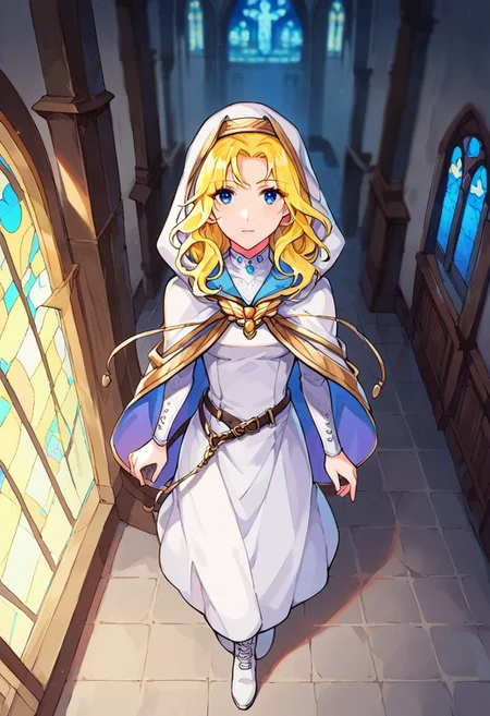 1girl, solo, alone, score_9, score_8_up, score_7_up, masterpiece, high quality, source_anime, neon lighting, very detailed, depth of field, cinematic illumination, volumetric lighting, full color picture, vibrant colors, solo, alone,
NatFEH, blonde hair, long hair, blue eyes, blue gemstone, gold brooch, two-sided fabric, hooded cloak, white hood, hood up, white cloak, blue cloak, belt, long sleeves, white dress, long dress, white footwear, white boots,
standing, facing forward, full body, church, light from above, walkway,
