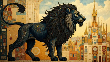Medieval themed black-toned Socialist Realism photo of an abyssal futuristic lion made of black smoke in a bright pristine city, intricate white and orange and bronze ebru, magical, simplified, billowing bright glitter, very detailed The overall picture is painted on textured marbled art paper, using the imagery and iconography of Medieval history to provide a convincing sense of antiquity. Intricate brush strokes and goldleaf provide amazing textures and details throughout the painting. Plump Pre-Raphaelite realism. <lora:midjourney_whisper_chromaplex_v1:0.6> <lora:BookOfKells-Rapid:0.8> <lora:Paper_Marbling_Flux:0.6>