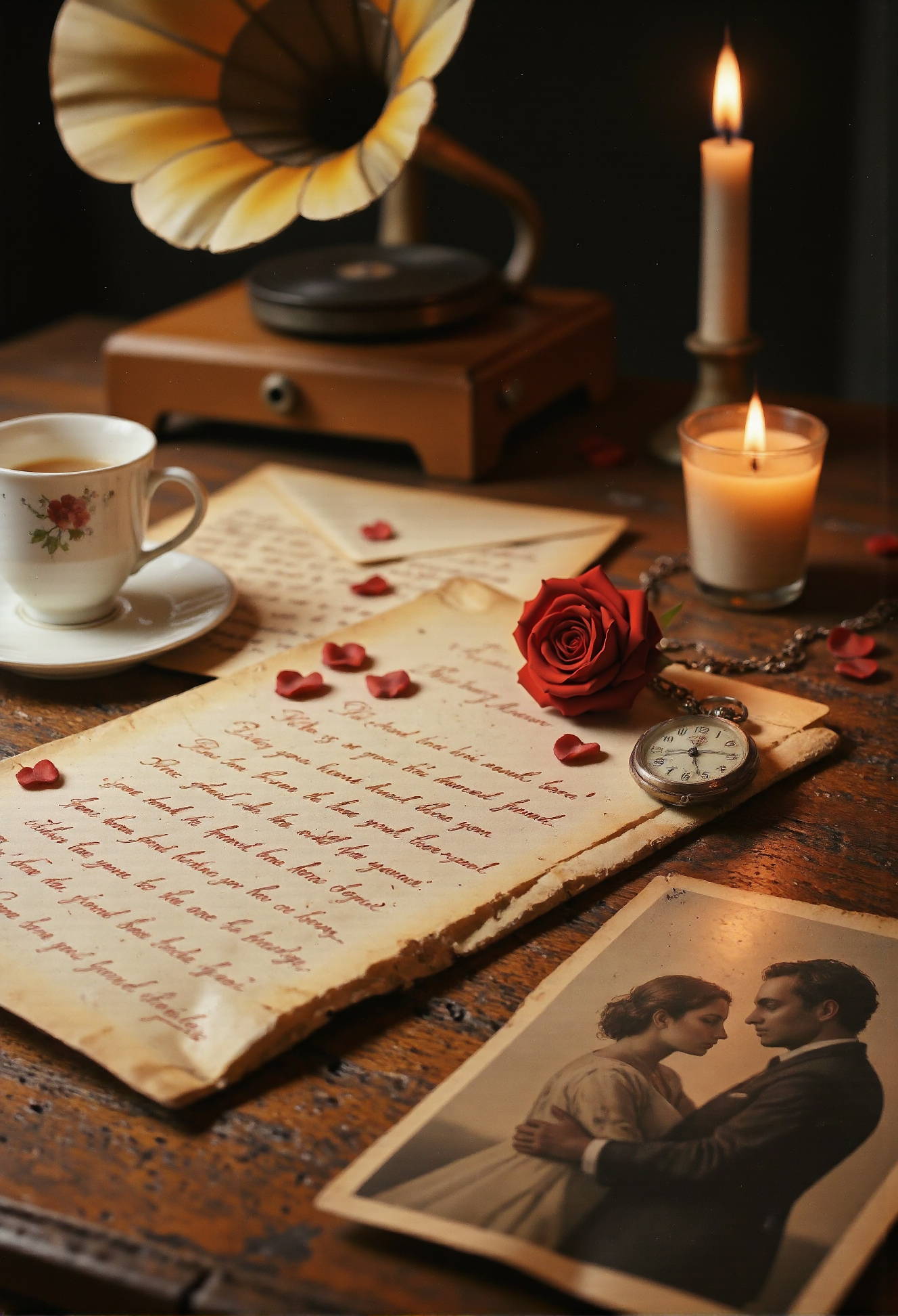 A beautifully aged wooden desk bathed in the golden glow of candlelight, covered in elegantly handwritten love letters sealed with crimson wax stamps. A delicate porcelain teacup sits beside a lace-trimmed envelope, while an old pocket watch rests half-open, frozen in time. In the background, an antique phonograph plays softly, its warm, nostalgic tones filling the air. A single dried rose lies atop a faded, sepia-toned photograph of a couple from a bygone era, their love preserved in ink and memory. <lora:n30nfilm.safetensors:0.85>,  <lora:Dark side of light.safetensors:0.55>,  <lora:Exogenous.safetensors:0.7>,  <lora:aidmaLOVEboost-FLUX-V0.1.safetensors:1.0>,