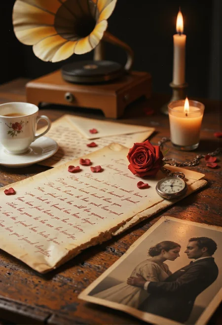 A beautifully aged wooden desk bathed in the golden glow of candlelight, covered in elegantly handwritten love letters sealed with crimson wax stamps. A delicate porcelain teacup sits beside a lace-trimmed envelope, while an old pocket watch rests half-open, frozen in time. In the background, an antique phonograph plays softly, its warm, nostalgic tones filling the air. A single dried rose lies atop a faded, sepia-toned photograph of a couple from a bygone era, their love preserved in ink and memory. <lora:n30nfilm.safetensors:0.85>, <lora:Dark side of light.safetensors:0.55>, <lora:Exogenous.safetensors:0.7>, <lora:aidmaLOVEboost-FLUX-V0.1.safetensors:1.0>,
