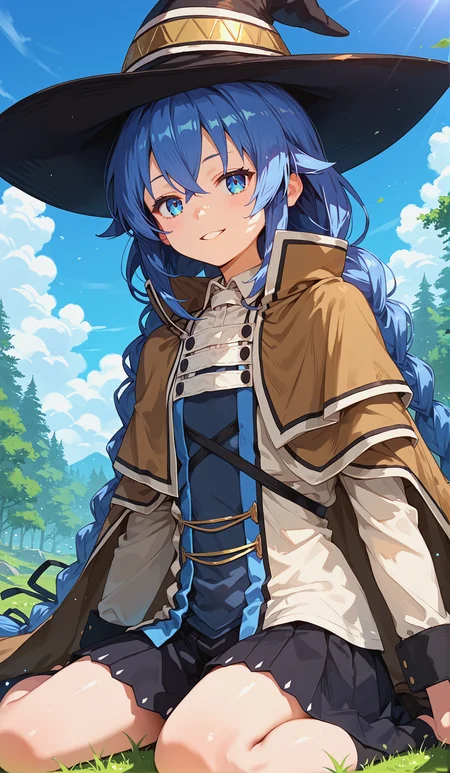 score_9, score_8_up, score_7_up,source_anime,
<lora:P-Roxy:1> r0x7, 1girl, solo, blue eyes, blue hair, long hair, hair between eyes, bangs, twin braids, brown cape, witch hat, cape, pleated skirt, long sleeves, black skirt, small breasts, seductive smile, parted lips, eyelashes, wariza, sitting on ground, forest background, blue sky, clouds
,glistening skin, <lora:shinyskin2:0.5>, cowboy shot,
masterpiece, expressiveh, <lora:Expressive_H:0.3>