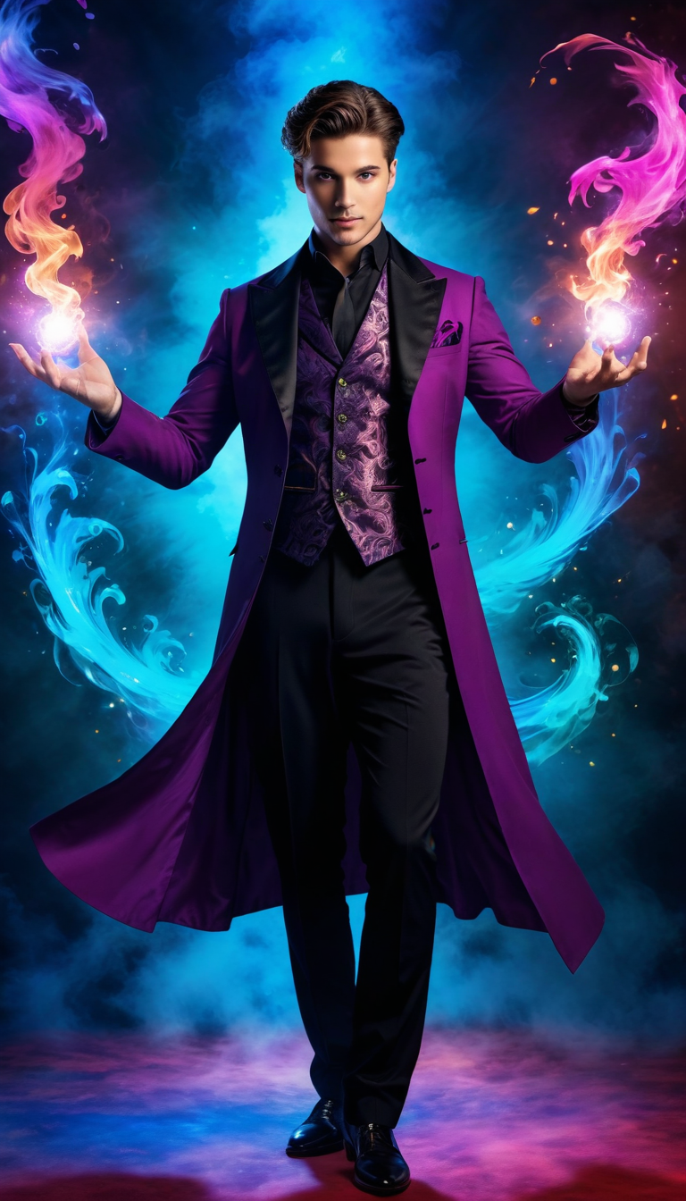 full body photograph, fantasy male magician, dynamic pose, dynamic background, vivid colors, immersive, dynamic lighting, <lora:sdxl_lightning_8step_lora:1>