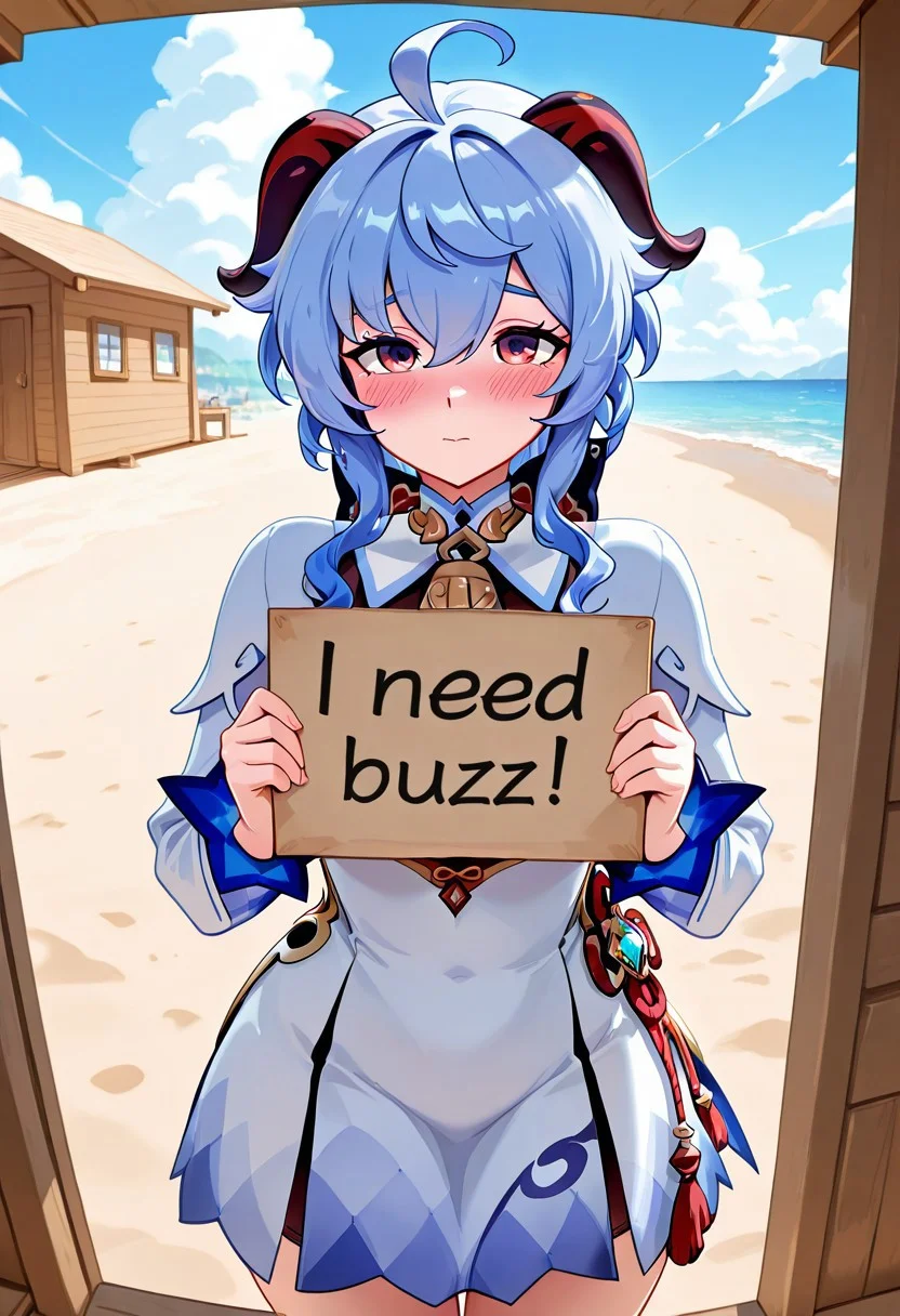 masterpiece,best quality,amazing quality, ganyu \(genshin impact\), cowboy shot, need_buzz, holding sign, red_eyes,hat,long_sleeves, 1girl, beach, beach house, blue sky, blush, cloud,dress, water,