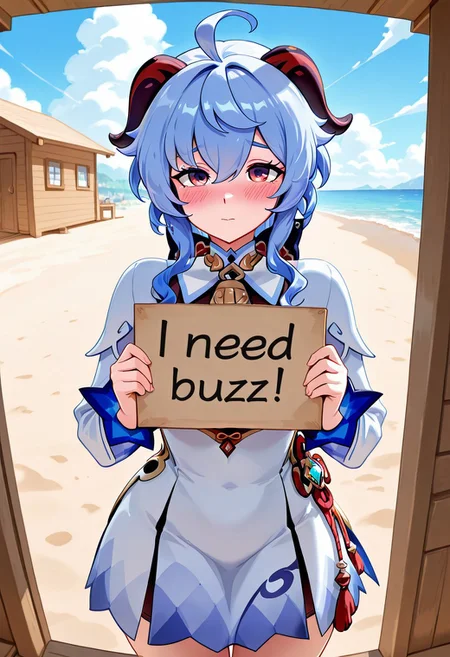 masterpiece,best quality,amazing quality, ganyu \(genshin impact\), cowboy shot,  need_buzz, holding sign, red_eyes，hat，long_sleeves, 1girl, beach, beach house, blue sky, blush, cloud,dress, water,