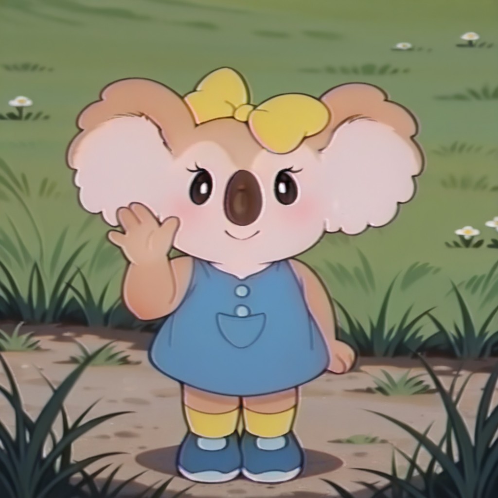 masterpiece, best quality, amazing quality, Laurakoalail, semi-anthro, female, koala_girl, tan fur, black eyes, hair bow, yellow bow, blue dress, yellow socks, blue shoes, standing, outside, in the grass, looking at viewer, waving, solo, <lora:d99f6dc1-f8eb-4666-bca0-155645457d3e:1.0>