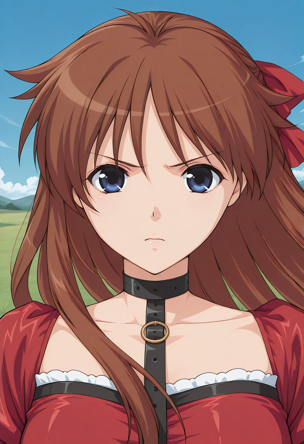 mutou_megumi, blue eyes, brown hair, long hair, choker, hair ribbon, collar, red dress, short sleeves, <lora:mutou_megumi_illustrious_ver1:0.8>
serious,, masterpiece, best quality, sensitive,, 1girl, solo, blue sky, (grasslands:1.2), looking at viewer,, (upper body:1.2), (close-up:1.2), (facing viewer:1.2), (open eyes:1.4), (portrait:1.2)