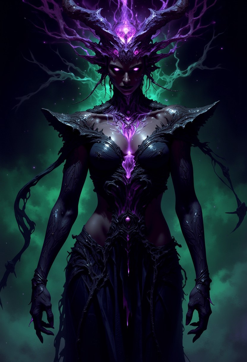 "Illustrate an abyssal purple and greendeity embodying a blend of desire, mystery, and dominance, reigning over the most profane and hidden desires. The figure exudes an alluring yet unsettling aura, with eyes that hold both seduction and an intimidating power. Their form is shadowy and fluid, mixing elegance with a hint of danger, as if they are both enchanting and forbidden. The deity’s attire should be dark and intricate, with textures that shimmer like deep ocean waves, drawing observers into a trance-like pull. The background is dark, filled with faint, surreal shapes that suggest an otherworldly realm, emphasizing the deity’s control over hidden, primal desires."