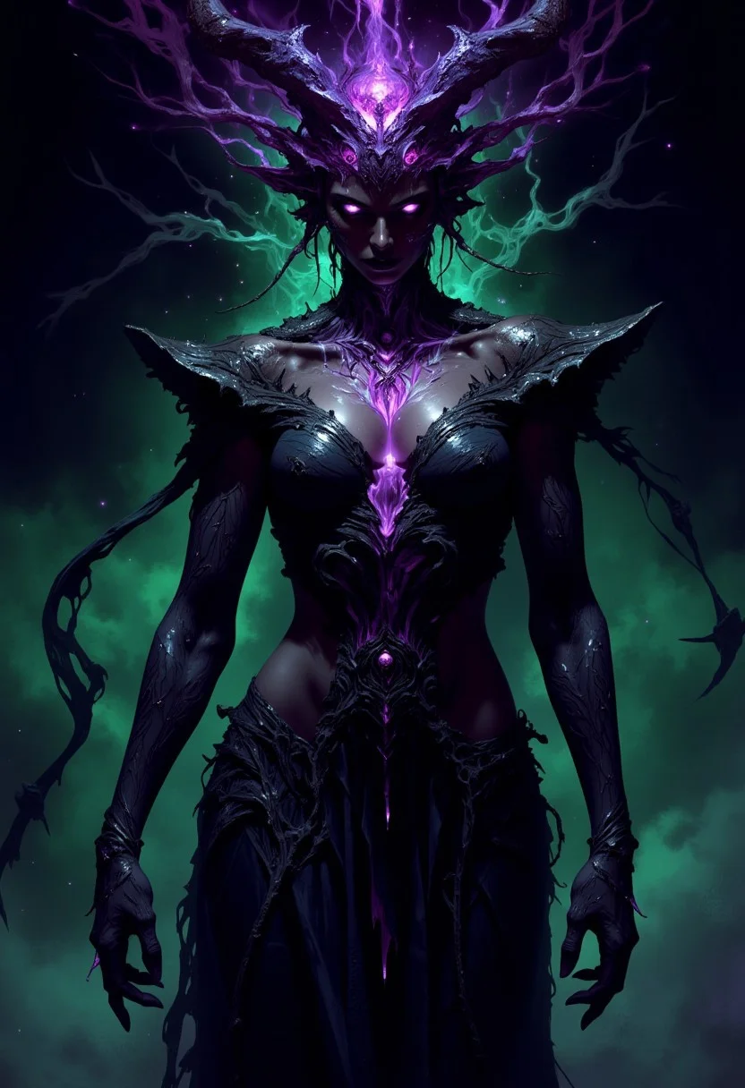 "Illustrate an abyssal purple and greendeity embodying a blend of desire, mystery, and dominance, reigning over the most profane and hidden desires. The figure exudes an alluring yet unsettling aura, with eyes that hold both seduction and an intimidating power. Their form is shadowy and fluid, mixing elegance with a hint of danger, as if they are both enchanting and forbidden. The deity’s attire should be dark and intricate, with textures that shimmer like deep ocean waves, drawing observers into a trance-like pull. The background is dark, filled with faint, surreal shapes that suggest an otherworldly realm, emphasizing the deity’s control over hidden, primal desires."