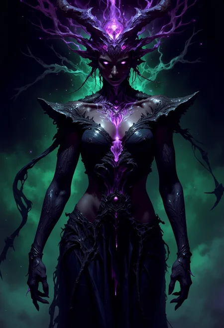 "Illustrate an abyssal purple and greendeity embodying a blend of desire, mystery, and dominance, reigning over the most profane and hidden desires. The figure exudes an alluring yet unsettling aura, with eyes that hold both seduction and an intimidating power. Their form is shadowy and fluid, mixing elegance with a hint of danger, as if they are both enchanting and forbidden. The deity’s attire should be dark and intricate, with textures that shimmer like deep ocean waves, drawing observers into a trance-like pull. The background is dark, filled with faint, surreal shapes that suggest an otherworldly realm, emphasizing the deity’s control over hidden, primal desires."