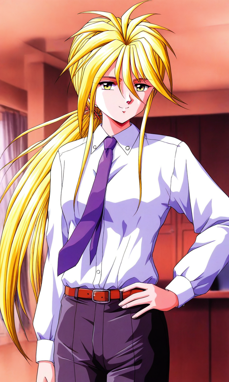 general,highres, ultra-detailed,very aesthetic,best quality ,best hands, BREAK <lora:Ijuuin_Rei_Tokimeki_Memorial_IS:1>
Ijuuin_Rei(Tokimeki_Memorial),  blonde hair, yellow eyes, hair between eyes, 
 necktie, long hair, shirt, belt, pants, ponytail, long sleeves, 
 hand on hip, smile, looking at viewer, 1boy, white shirt, formal, 
 indoors