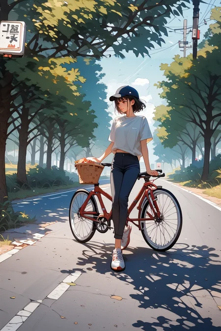 score_9, score_8_up, score_7_up, score_6_up, score_5_up, score_4_up, source_anime, 1girl, solo, 18yo, (slim face:1.5), (bangs:1.2), skinny, thin body, wide hips, thin thighs,
<lora:age_slider_v4:2> <lora:Expressive_H:1><lora:Kenva:0.8> <lora:naipf:0.6>
ground vehicle, bicycle, tree, outdoors, road, black hair, short hair, brown eyes, white baseball cap, light smile, bangs, day, bicycle basket, pants, pavement, riding, solo focus, shoes, street,