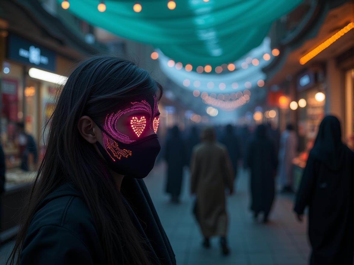 <lora:ocxdjm-flux1d-lora.safetensors:1> ocxdjm style
In the heart of a bustling Jeddah market, a figure stands out, their presence as captivating as the stories of ancient heroes and deities that once filled the air. The figure is a young adult, perhaps in their late twenties, with a slender build and a calm, almost meditative demeanor. Their long, flowing hair cascades down their back, shimmering with hints of cybernetic fibers that catch the light, giving off a subtle, futuristic glow.
Their face is partially obscured by a mask, but the vibrant, glowing tribal patterns on their forehead are unmistakable. These patterns, a blend of neon pink and orange, resemble intricate circuitry, a modern homage to the ancient art of body decoration. The eyes, framed by these glowing designs, are a striking contrast, filled with neon pink and orange hearts that seem to pulse with an otherworldly energy. The colors stand out vividly against the gradient background that shifts from a deep cyan to a lush emerald green, as if the figure is standing at the edge of a digital forest.
The figure’s smooth, pale complexion is a canvas for the intricate designs, which blend seamlessly with their skin, creating a visually stunning contrast. Around them, the market buzzes with life, but the figure remains a focal point, a bridge between the ancient and the modern. The air is filled with the gentle hum of Arabic instrumental music, adding a layer of tranquility to the scene. The figure’s presence is a testament to the blending of old and new, a reminder of the endless possibilities that lie at the intersection of tradition and technology.