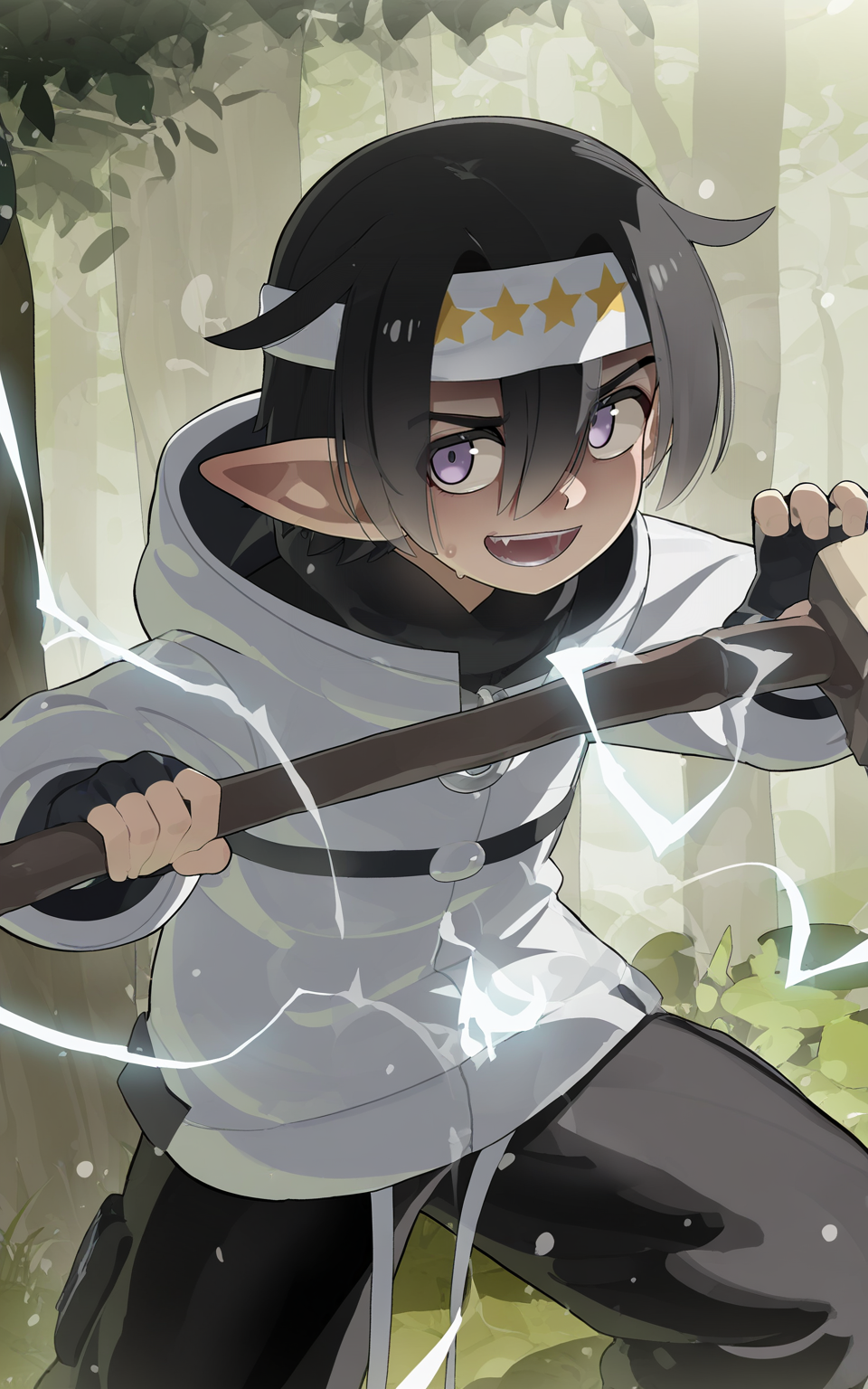 masterpiece, best quality, absurdres, highres, very awa,
<lora:Mizumizuni v1 - NoobAI 1.0 V-Pred:1>
mizumizuni
,ray \(aotu world\),black gloves,nature,open mouth,molang419,teeth,gloves,hood down,fingerless gloves,purple eyes,holding,hooded jacket,male focus,hair between eyes,looking at viewer,outdoors,glowing,solo,short hair,absurdres,star \(symbol\),tree,holding hammer,1boy,headband,pants,electricity,holding weapon,smile,hood,pointy ears,black hair,fighting stance,aotu world,jacket,white headband,black pants,highres,white jacket,forest,hammer,star print,weapon,bandana