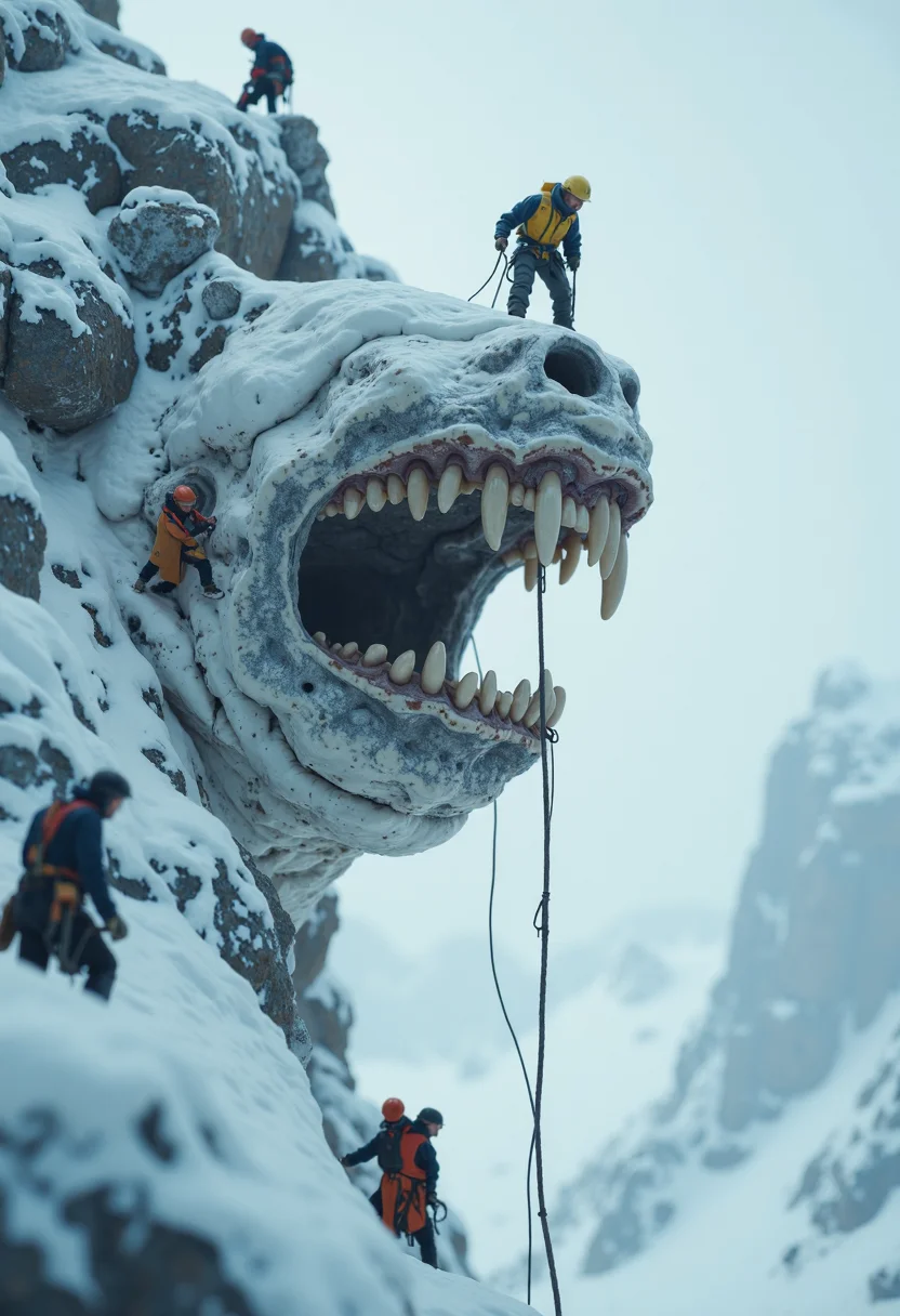 cinematic film still photorealistic, on snow-white mountain, (human jaw and teeth only:1.1), no face, coming out of rock,  people - climbers-welders-builders fixing braces, micro-world, macro photography, minimalism, aesthetically pleasing, detailed, close-up, art . shallow depth of field, vignette, highly detailed, high budget, bokeh, cinemascope, moody, epic, gorgeous, film grain, grainy