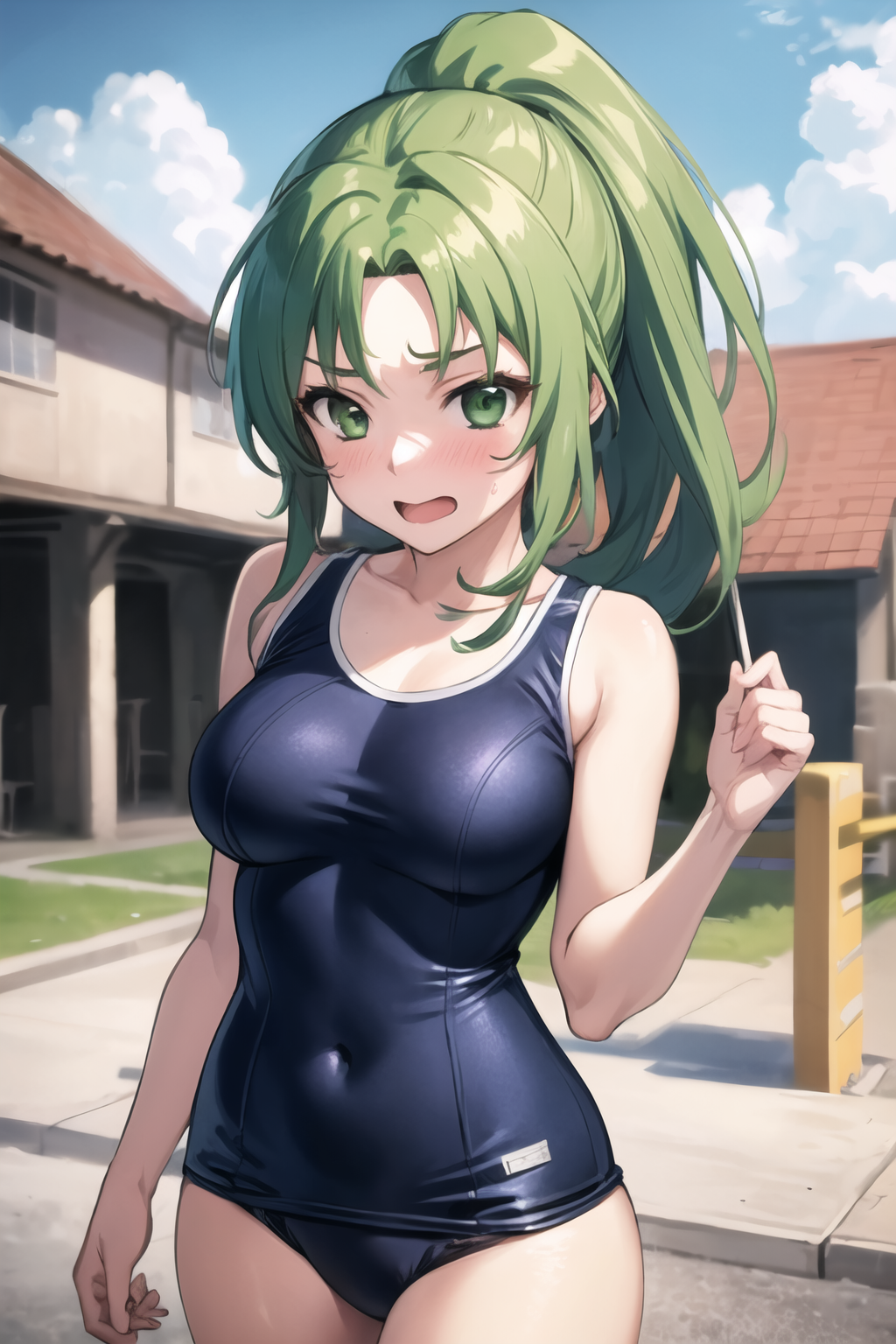 masterpiece, best quality, ultra-detailed, 1girl,  Mion Sonozaki, green hair, green eyes, ponytail, boonies, village, school  swimsuit, embarrassed, schoolyard