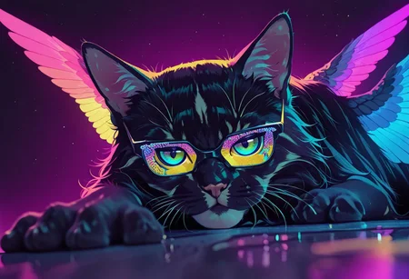 <lora:ck-shadow-circuit-IL:0.78>,
masterpiece, best quality, good quality, very aesthetic, absurdres, newest, 8K, depth of field, focused subject,
 close up, stylized, in gold and neon shades, wabi sabi, cat, rainbow angel wings,  looking at viewer, dynamic angle, from below, from side, relaxing
<lora:MoriiMee_Gothic_Niji_Style_Illustrious_r1:0.45>
<lora:ck-nc-cyberpunk-IL-000011:0.4>
<lora:ck-neon-retrowave-IL:0.8>