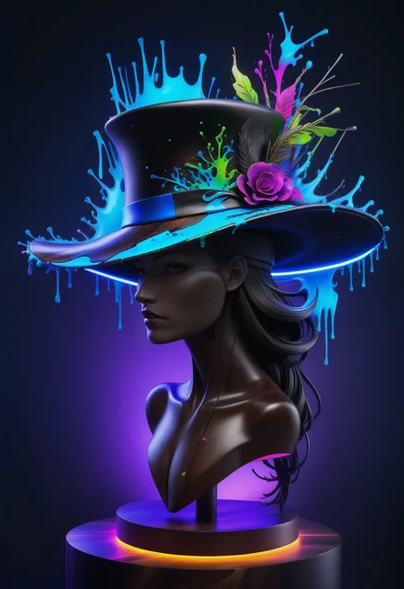 a Haute Couture hat on a hat stand made out of reij-bnysplsh <lora:ebonysplash-000005:1>, Tattoo ink of a masterpiece, landscape of a Verdant Fields of the Harvest Festival, digital manipulation, flowing, highly decorated, intense, ambient atmosphere, stunning