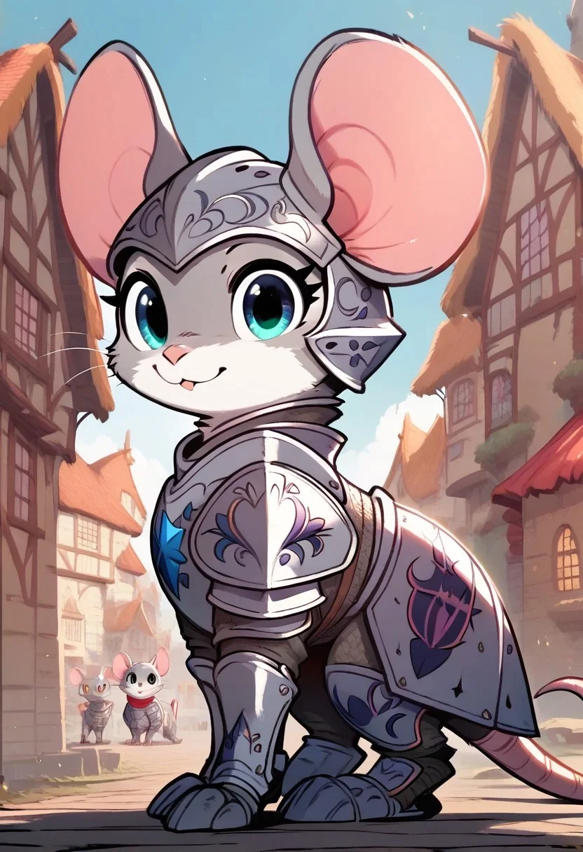 score_9, score_8_up, score_7_up, score_6_up, score_5_up, score_4_up, fluffylewdsai, makkuro m0use_maximilla, cute, [][][][][] (solo),Knight armor, detailed iron armor, (cute:2), full body shot, (full body), (armored feral rat, cute armor, epic), outdoors, serious expression, (side view:1.5), village, look at viewer