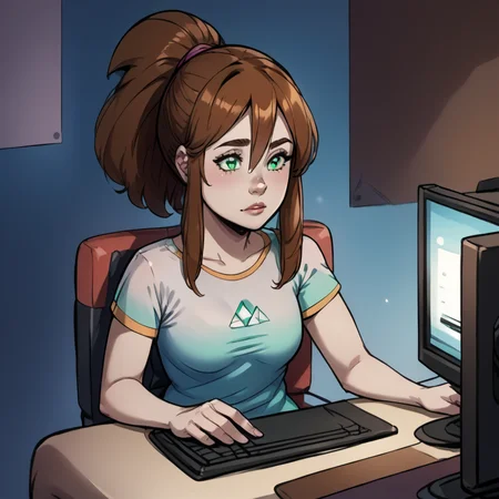 core_9, score_8_up, score_7_up, score_6_up, score_5_up, score_4_up, <lora:Erin_strout:1>,erinstout, 1girl, solo, long hair, shirt, sitting, green eyes, ponytail, comic, sidelocks, chair, t-shirt, computer, monitor, keyboard \(computer\), mouse \(computer\), brown hair <lora:CitronAnimeTreasure:1> <lora:RealisticAnime:1>