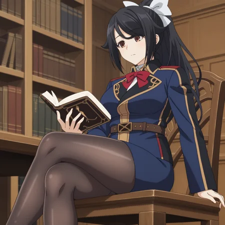 score_9, rating_explicit
BREAK
chloe_olis, 1girl, solo, black hair, high ponytail, white bow, brown eyes, eyes visible through hair, military uniform, blue jacket, white shirt, red bowtie, brown belt, blue skirt, black pantyhose, sitting, crossed legs, looking down, holding book
BREAK
book, wooden chair, desk, bookshelf, fantasy
<lora:chloe_NagekiNoBoureiWaIntaiShitai_ponyxl_v1_char:1> <lora:chloe_NagekiNoBoureiWaIntaiShitai_ponyxl_v1_style:1>