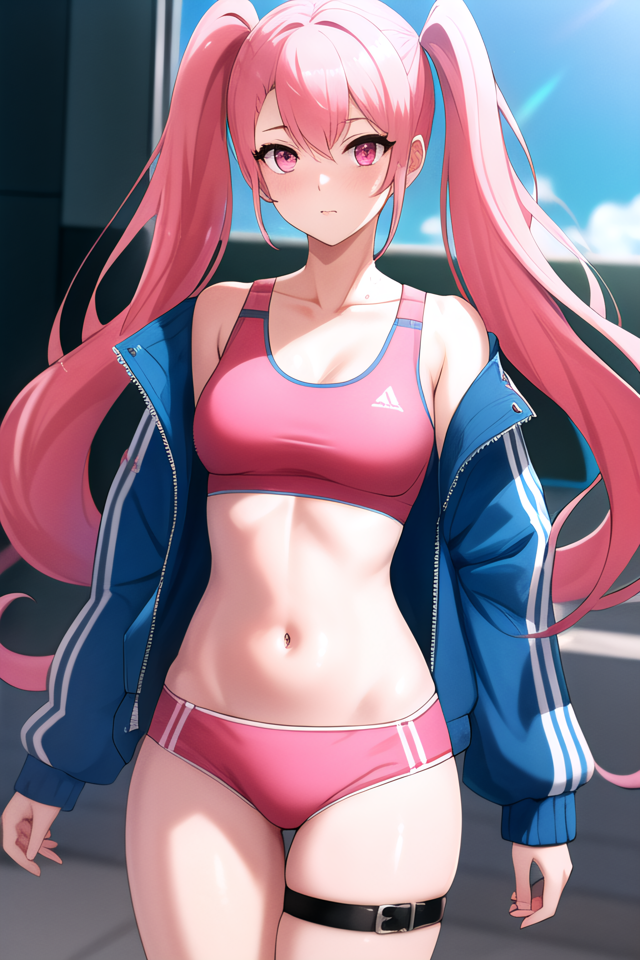 <lora:ellie:1>,(ellie:1.2), pink hair, pink eyes, long hair, twintails, (bangs:0.8),  (blue jacket:1.2), open jacket, thigh strap,white sports bra,  cowboy shot,, (((masterpiece, best quality, ultra-detailed, ray tracing))), deph of field, (perfect face, detailed face),shiny eyes, fair skin,((high quality face, soft skin )), (collarbone, cinematic light, cinematic shadow),