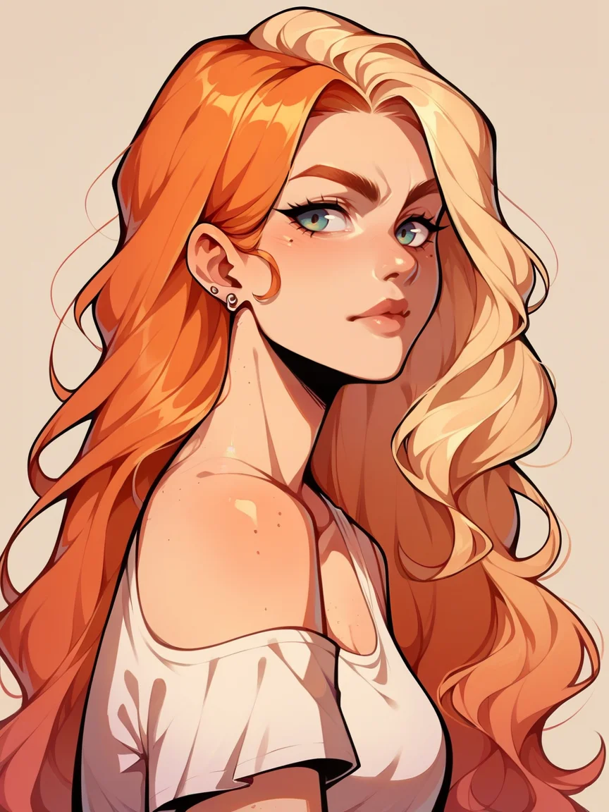 score_9, score_8_up, score_7_up, score_6_up, score_5_up, <lora:spl1th41rXLP:1> spl1th41r, two tone hair, 1girl, long hair, ginger blonde hair