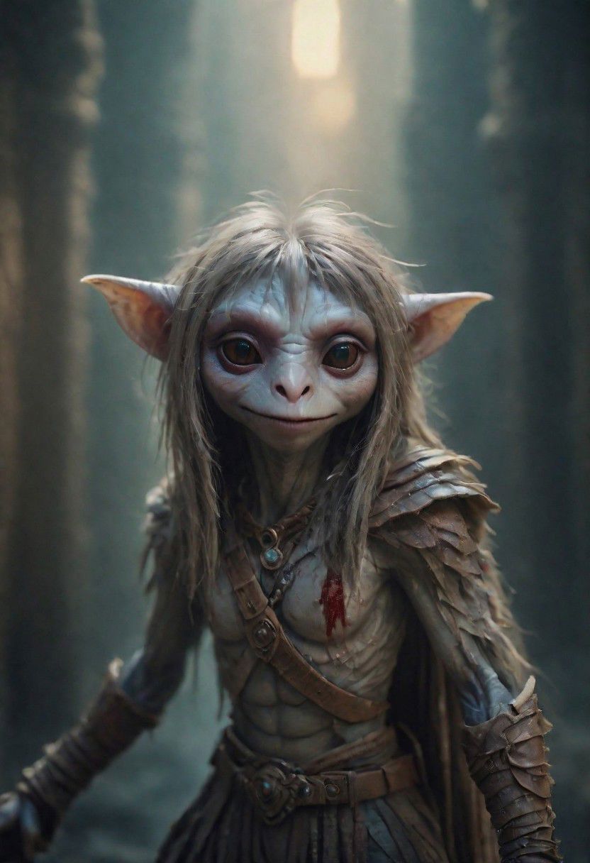 photography in the style of Labirynth and the dark crystal movies , close up of (cute) and (sweet) creature with a (small) sword stained with (blood), inside a claustrophobic ancient and ruined labirynth ,fantasy,hyper detailed, real skin imperfections, hard lighting, bokeh, ((curi:1.2))