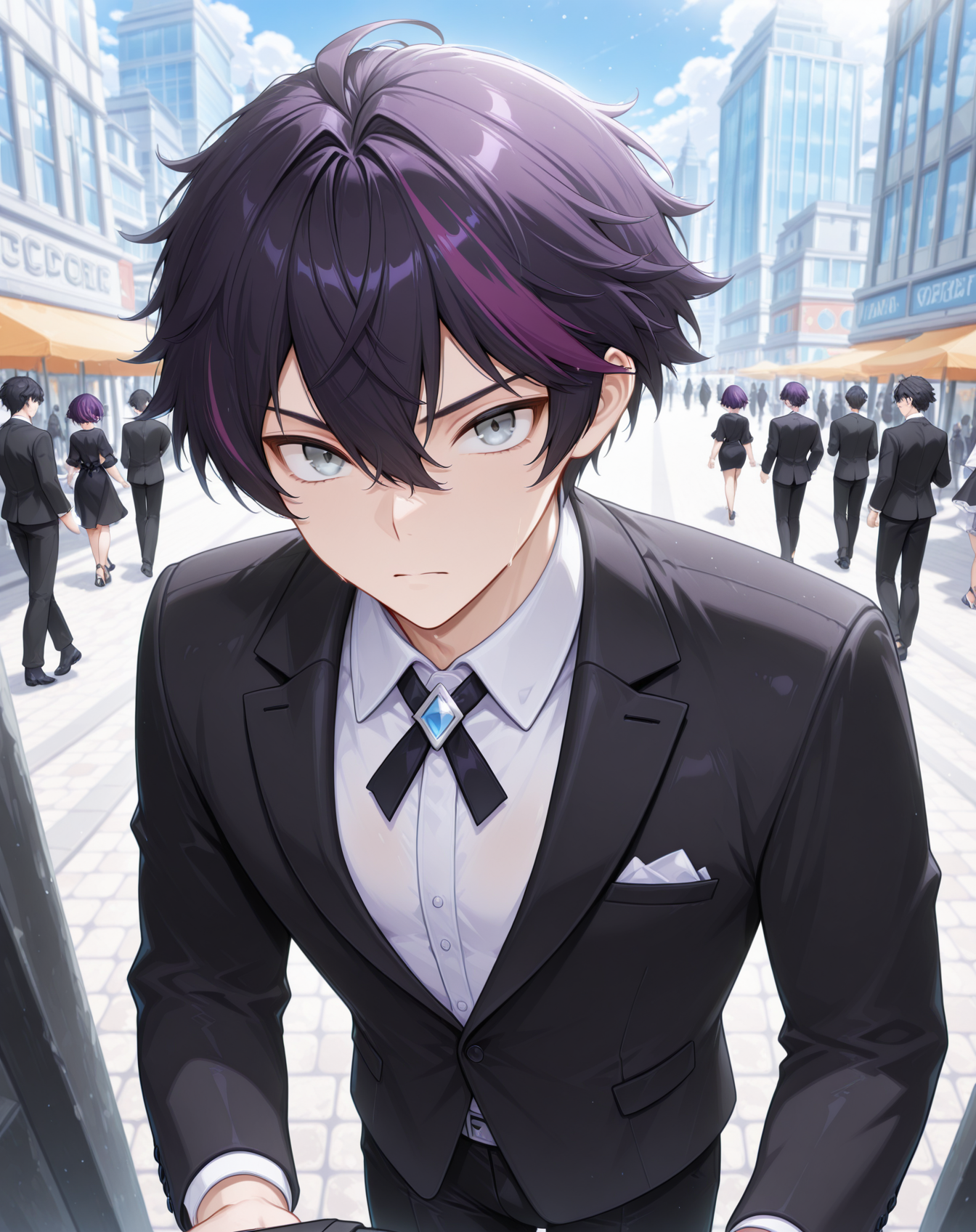 masterpiece,best quality,amazing quality, newest, very aesthetic, absurdres,
1boy, solo, yaoi, male focus, looking at viewer, cowboy shot, standing,
<lora:Sieghart_T_Summer:1> siegtsummer, black hair, streaked hair, purple hair, grey eyes, short hair, hair between eyes,
formal, tuxedo, neck ribbon, white shirt, collared shirt, black pants, shoes, black footwear, suit jacket, black jacket, 
outdoors, day, blue sky, building, people,