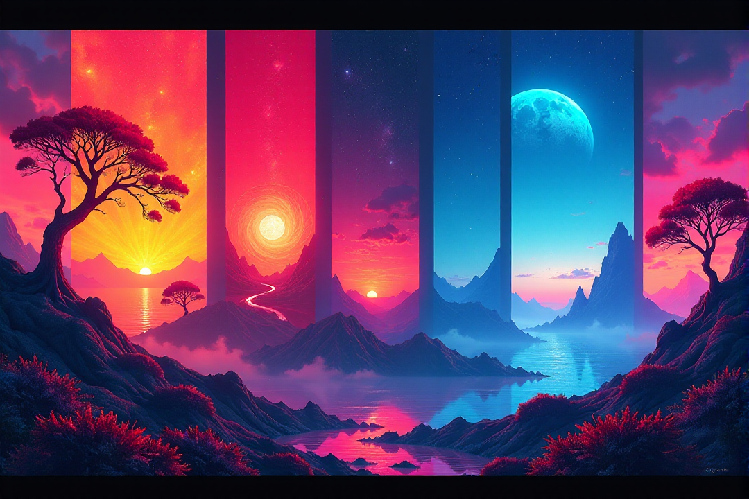 A digital cyberpunk art splash in the style of bo-cyborgsplash, a vibrant and mystical landscape depicted in a series of vertical banners, each featuring a different color palette, the first banner on the left shows a glowing tree with intricate patterns, the second banner features a swirling orange and red design, the third banner features an abstract landscape with a tree in the center, the fourth banner showcases a glowing blue planet in the sky, the fifth banner showcases an otherworldly landscape with distant mountains, the sixth panel showcases a distant landscape with trees and distant structures, the seventh panel showcases an ocean scene, the eighth panel features a mystical tree with vibrant colors, the ninth panel displays a stunning sunset landscape, the final panel features an ethereal landscape with glowing elements, the overall effect is a mesmerizing and captivating image that exudes a sense of otherworldly beauty<lora:boFLUX Cyborgsplash.safetensors:1.0:1.0>âââ