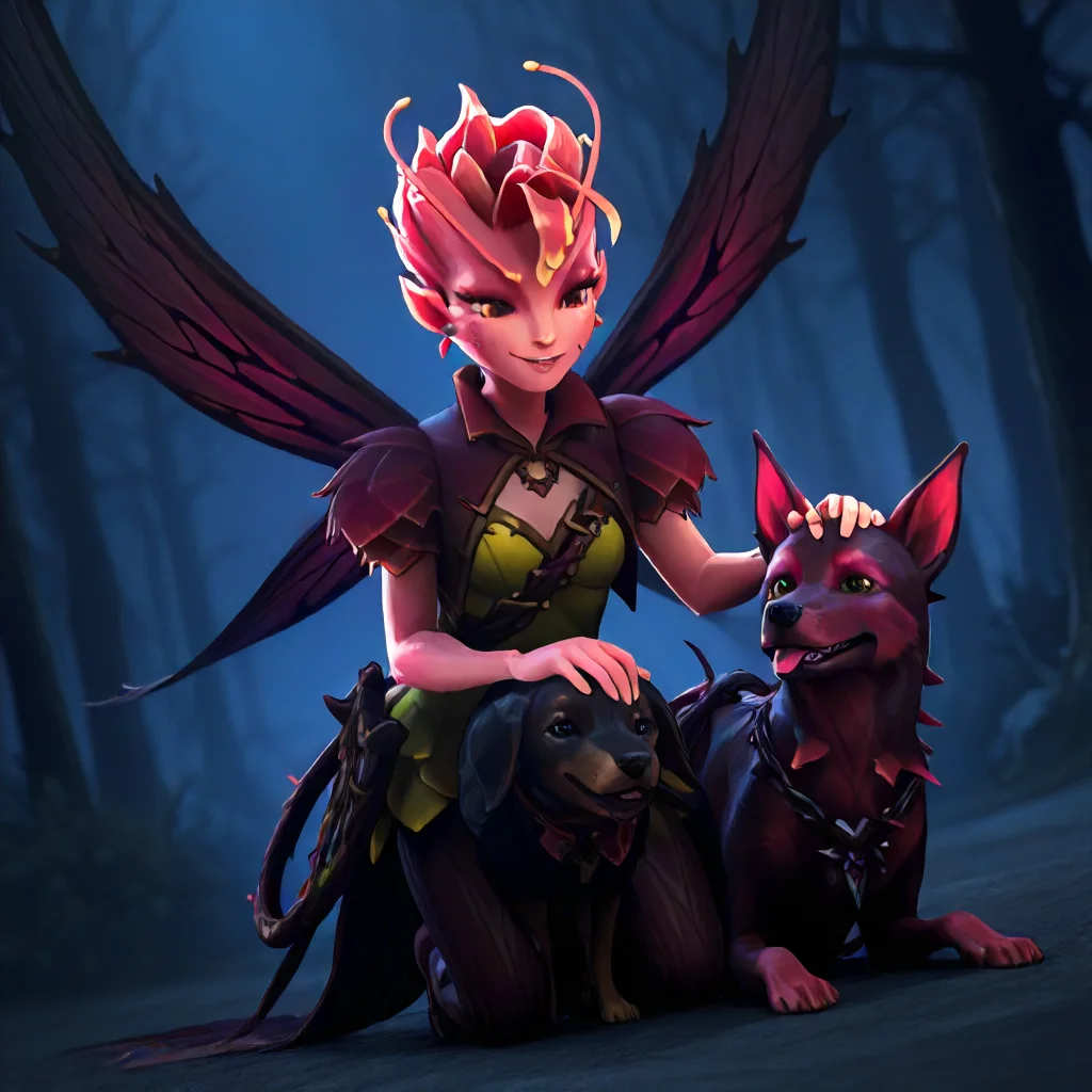 1man, human,1girl, DarkWillow, <lora:Dark_Willow_Illustrious:1>, pretty face, wings, petting a dog