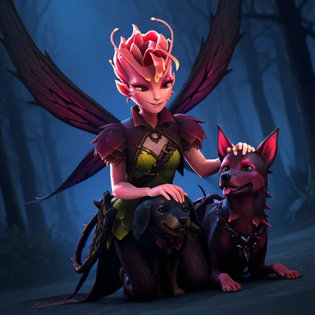 1man, human,1girl, DarkWillow, <lora:Dark_Willow_Illustrious:1>, pretty face, wings, petting a dog